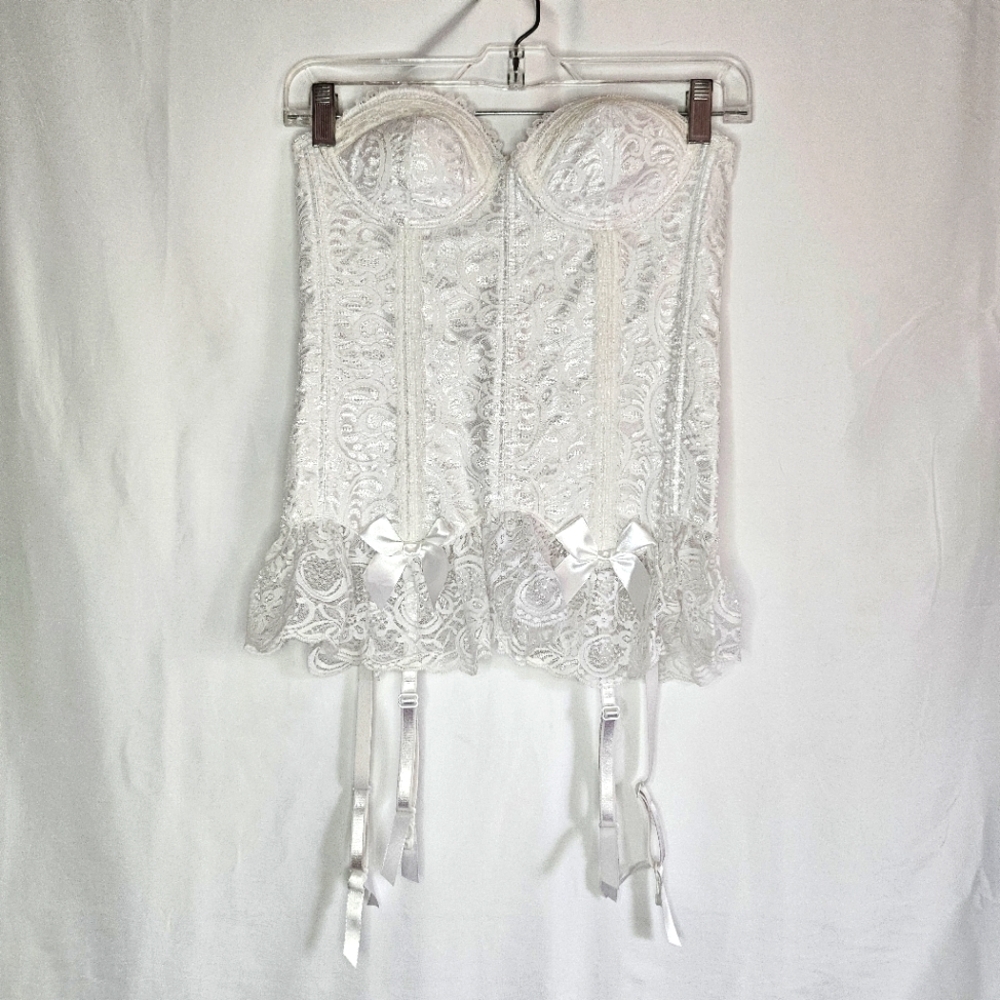 Corset Lingerie Top Ribbed White Lace Bows Bridal padded with Garters Small